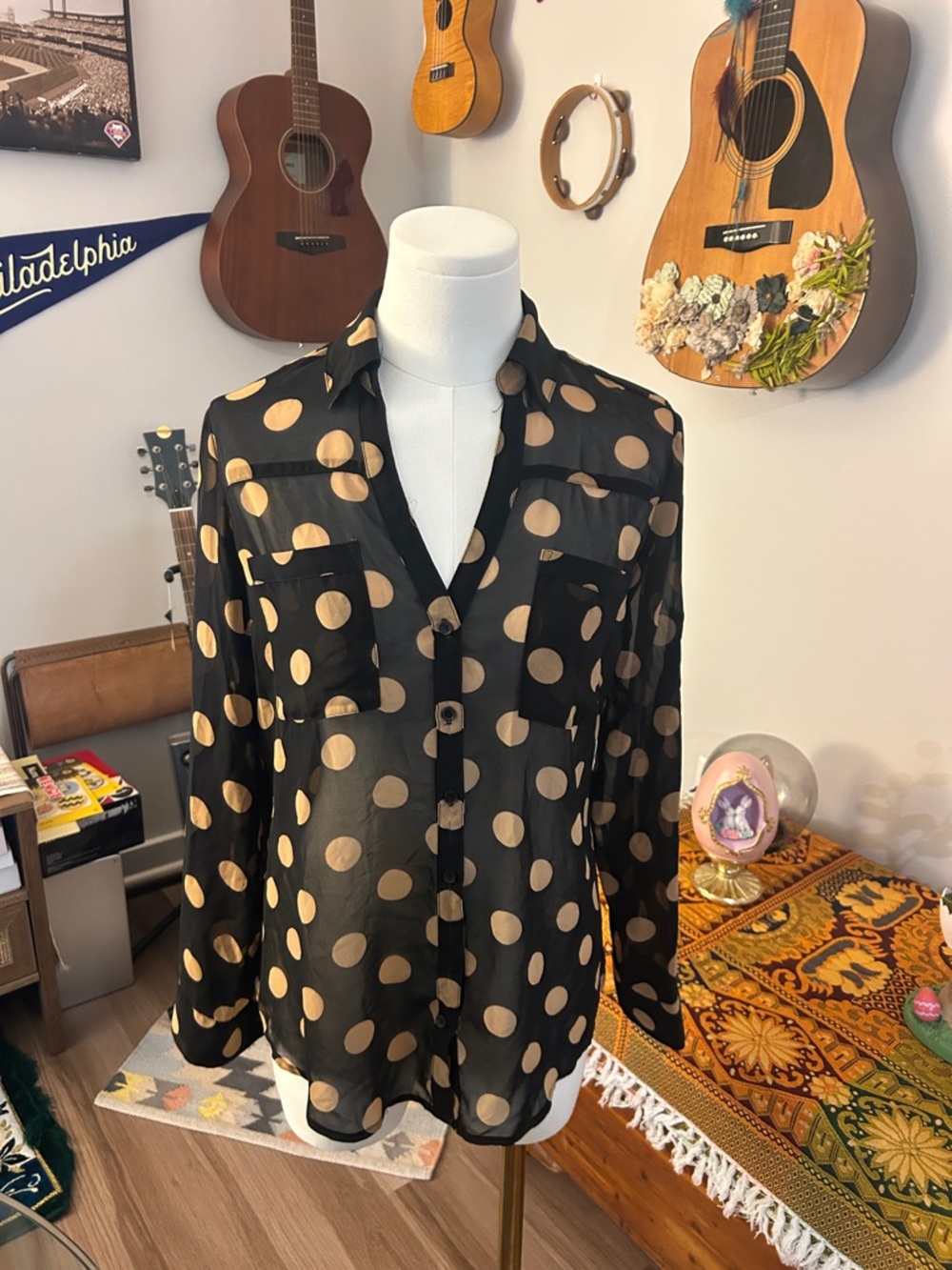 Express Portofino Sheer Black Blouse with Gold Polka Dots